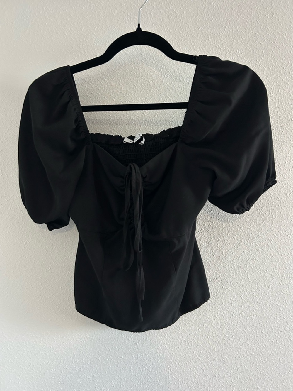Gilly Square Neck Black Puff Sleeve Blouse with Front Tie